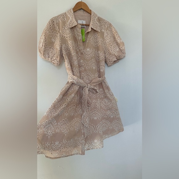 Sam Edelman Belted  Puff Sleeve Eyelet Mini Shirtdress - Picture 6 of 11